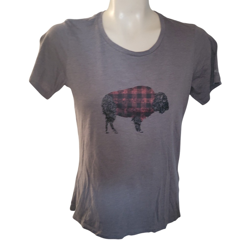 Columbia Gray Graphic T Shirt Buffalo Plaid Bison Print Short Sleeve Tee M cute